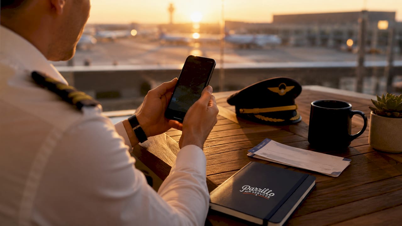 Pilot using phone app tracking flights in airport café