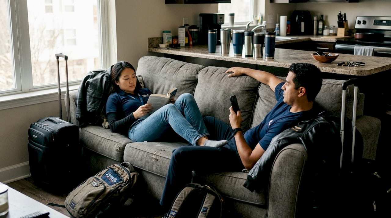 Diverse commuter pilots relaxing in shared crash pad living room