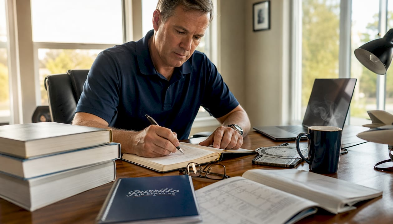 Pilot studying FAA written exam notes at home