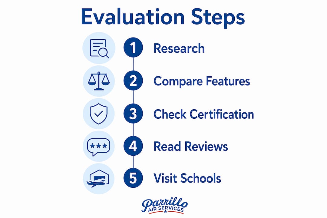 Infographic outlining steps to evaluate flight schools