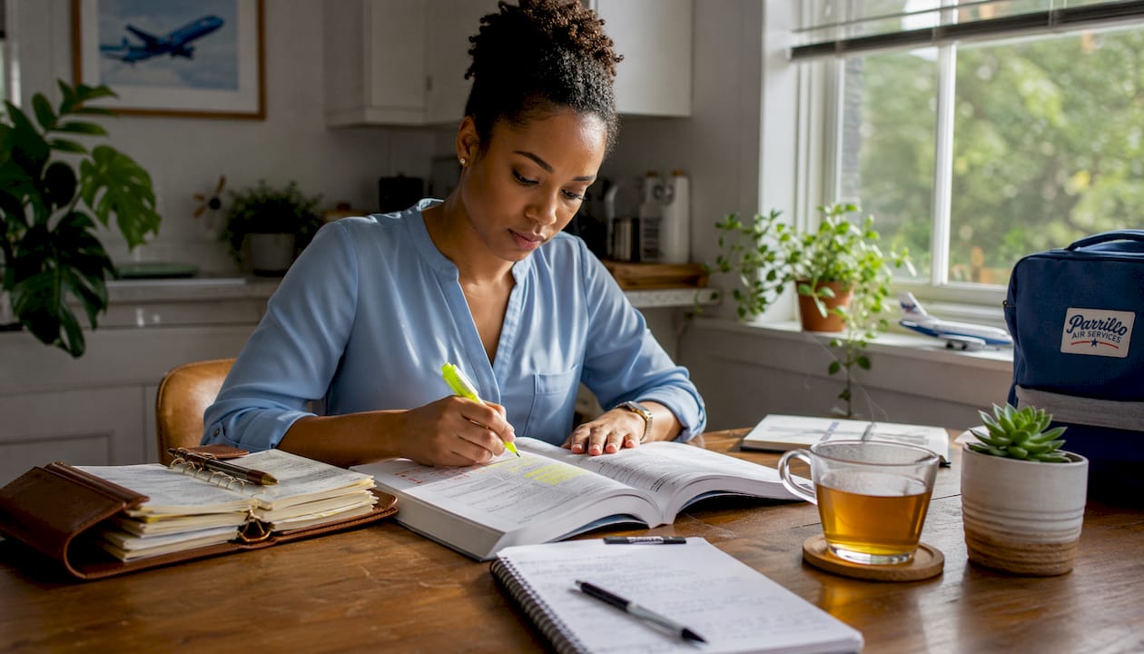 Pilot studying certification documents at desk