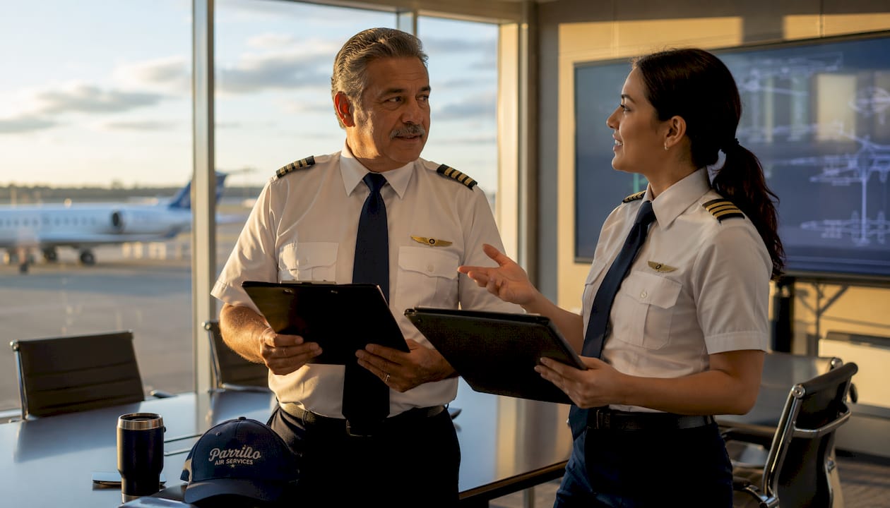 Regional airline pilots reviewing briefing together