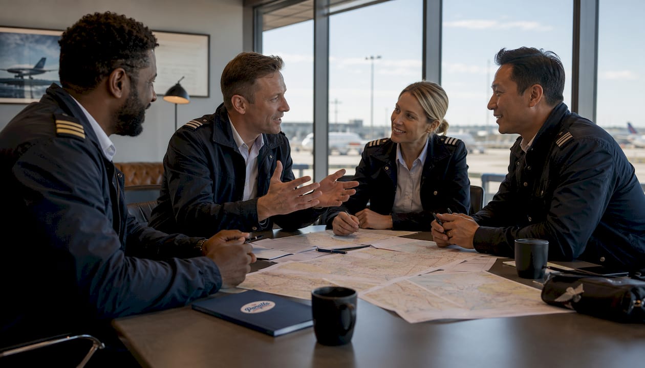 Regional airline pilots meeting pre-flight briefing