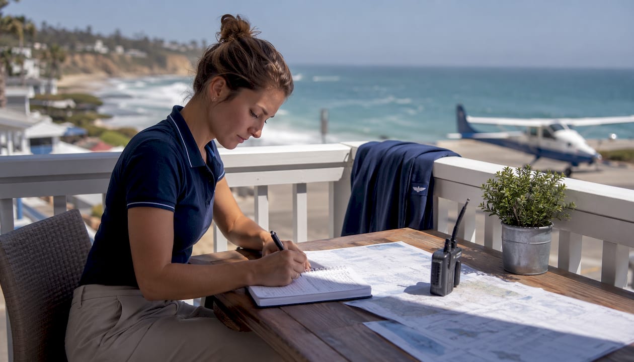 Flight instructor updating weather log at desk