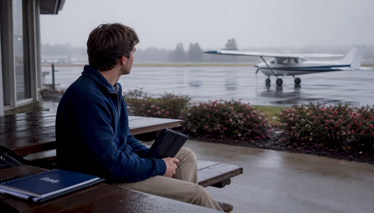 Student pilot contemplating weather cancellation outdoors