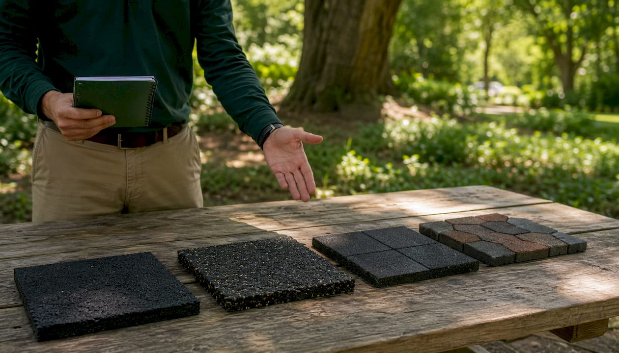 Samples of different rubber surfacing types for golf clubhouse