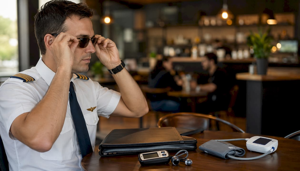 Pilot preparing vision and hearing tests at desk