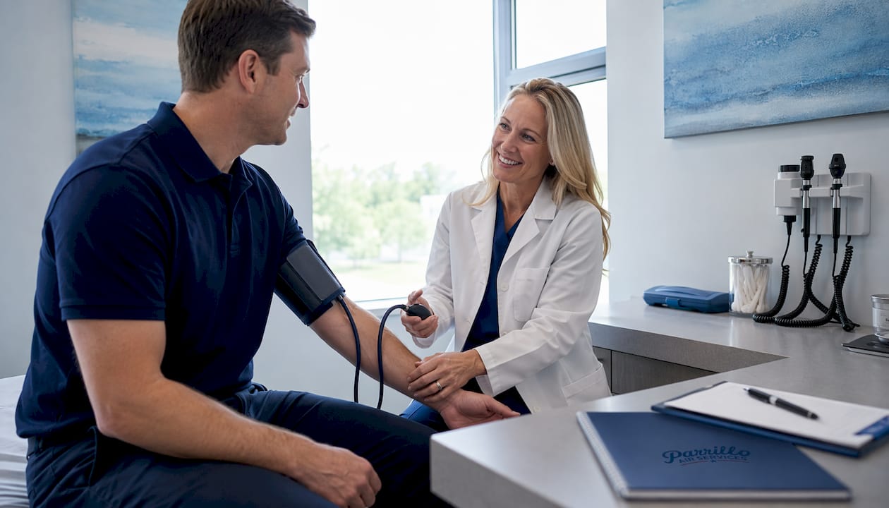 Pilot receiving medical exam from aviation doctor