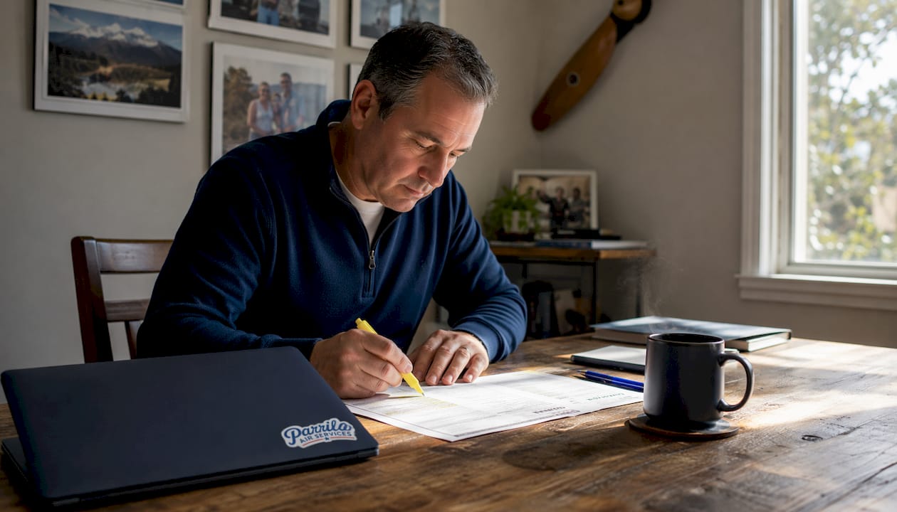 Pilot reviewing FAA medical documents at desk