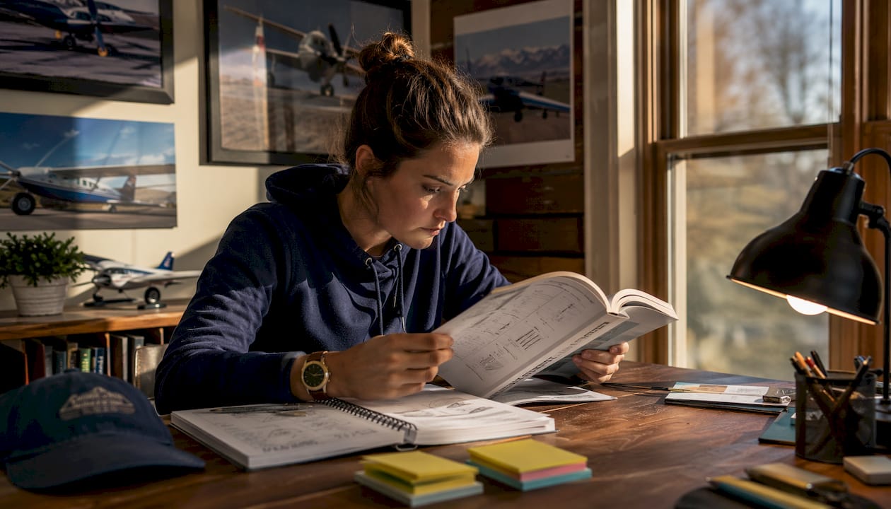 Student pilot studying aviation manual at desk