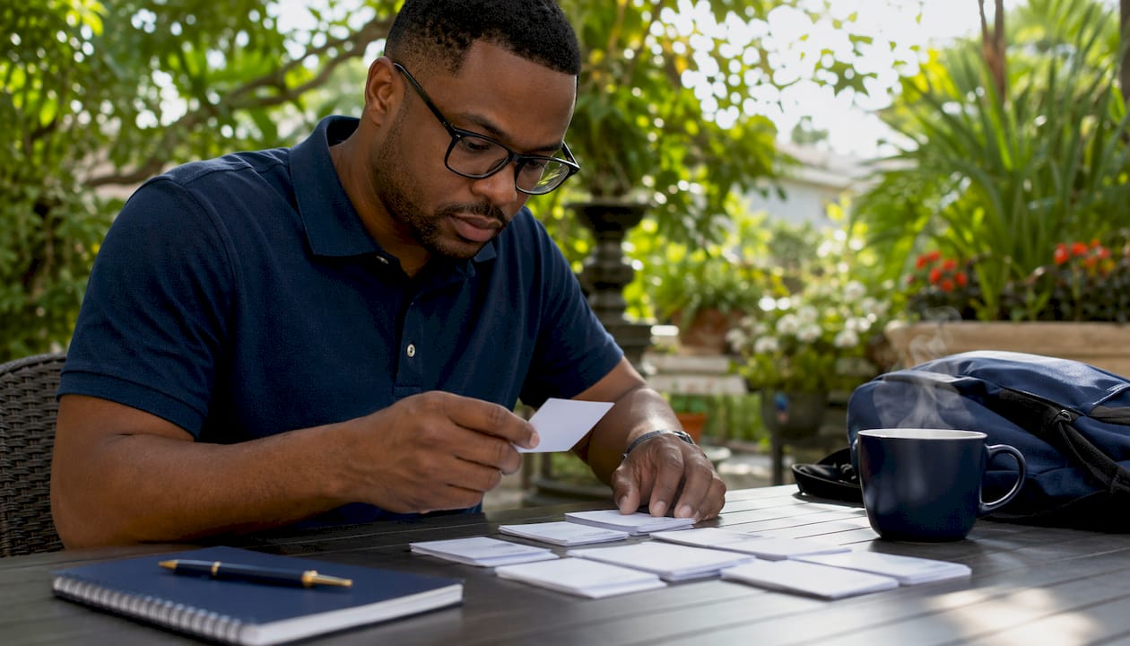 Student pilot practicing flashcards in home study