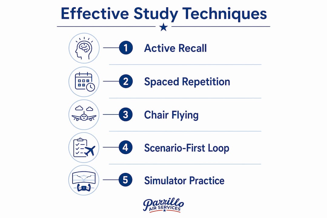 Infographic showing key study techniques for flight training