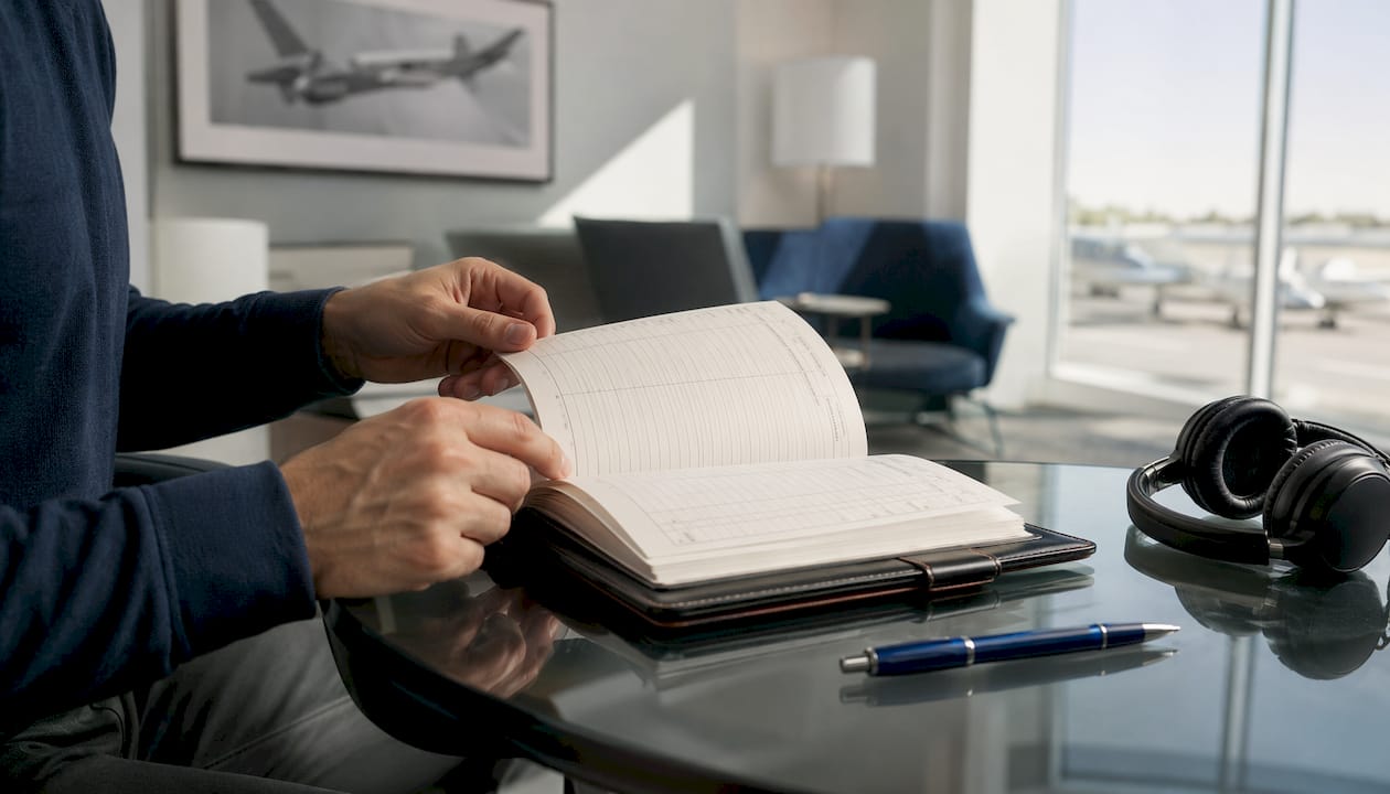 Hands flipping through pilot flight training logbook