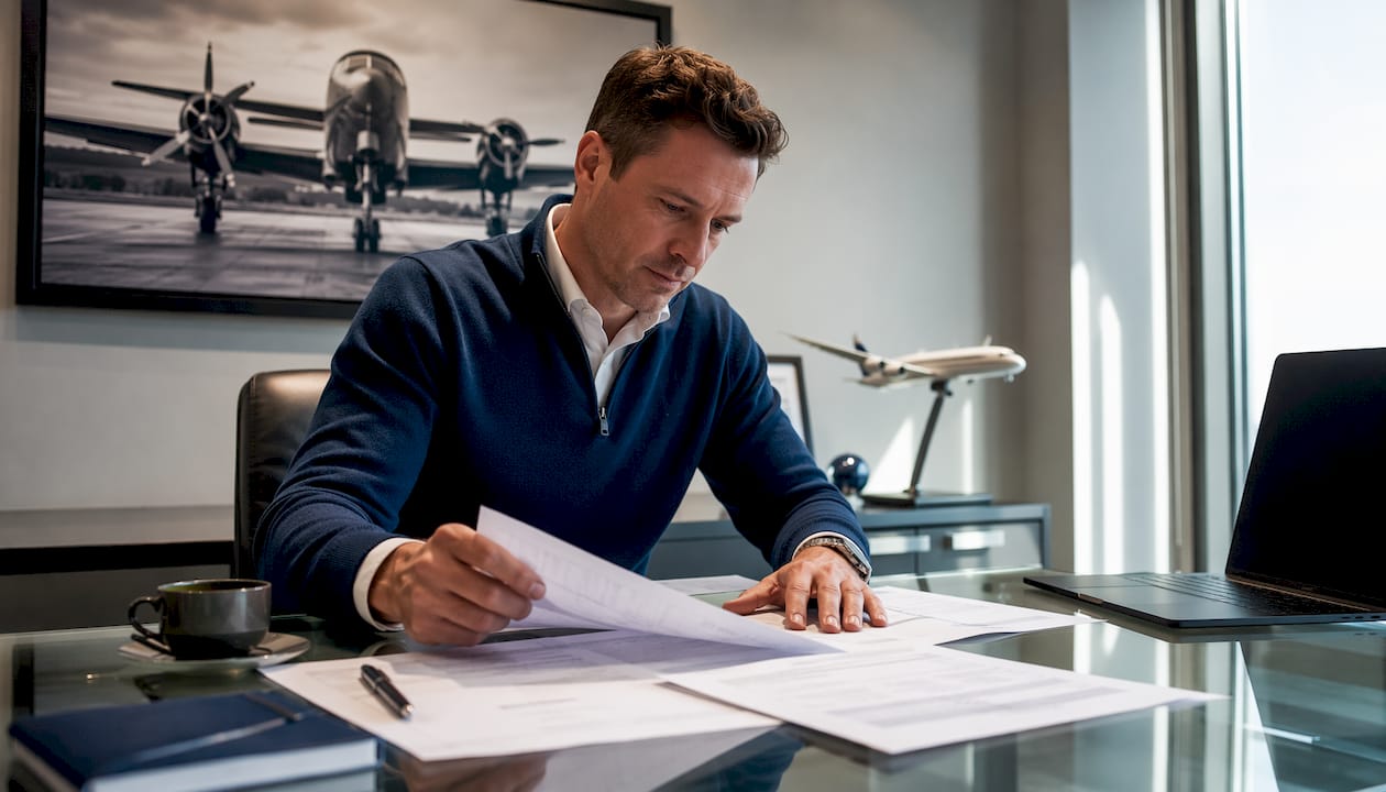 Pilot reviewing career planning documents in home office