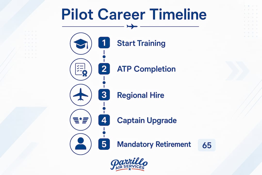 Infographic outlining pilot career timeline steps