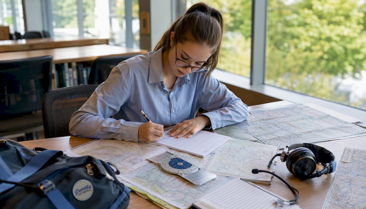 Student pilot planning cross-country flight indoors