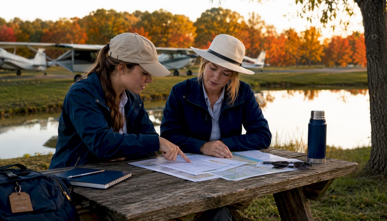 Instructor and student reviewing NOTAMs outdoors