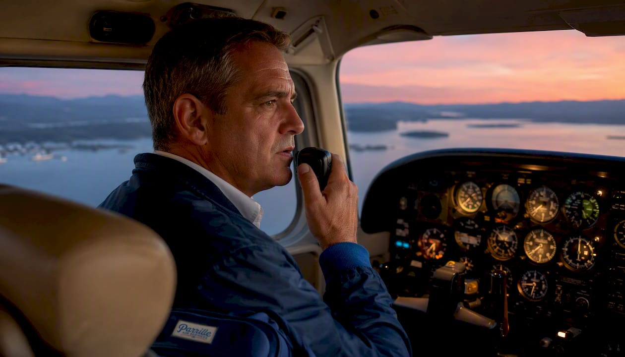 Pilot declaring minimum fuel over radio in cockpit