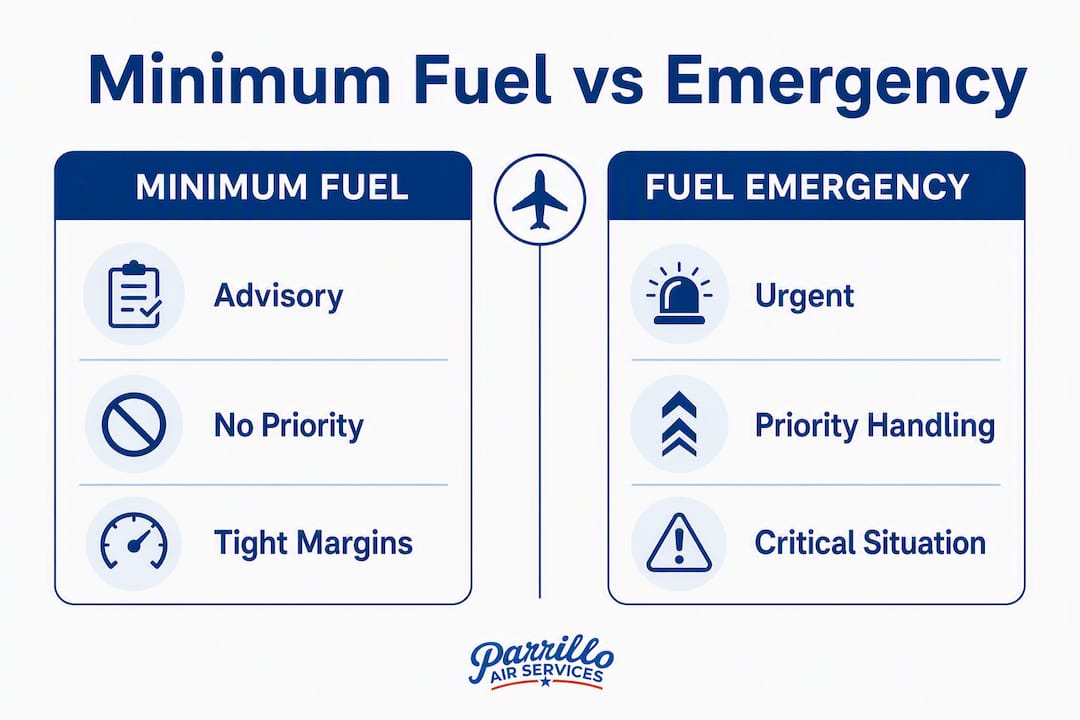 Infographic comparing minimum fuel and fuel emergency