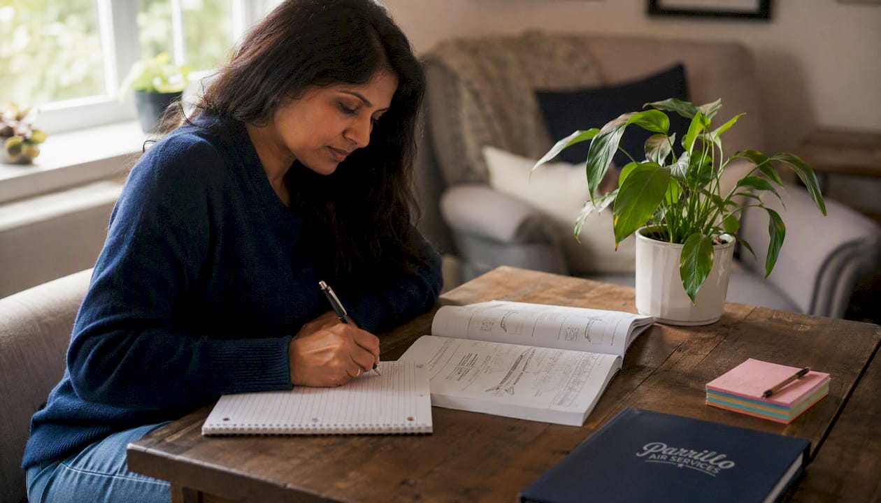 Woman writing study completion list at desk
