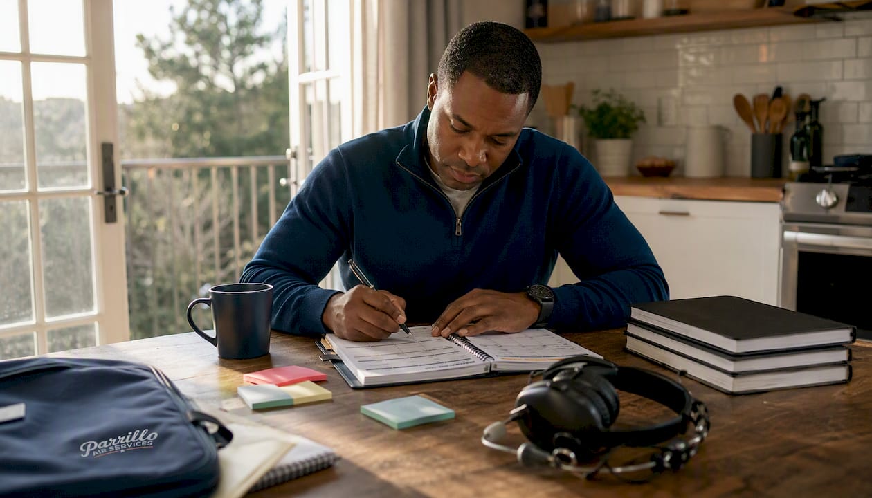 Man planning flight training schedule at home
