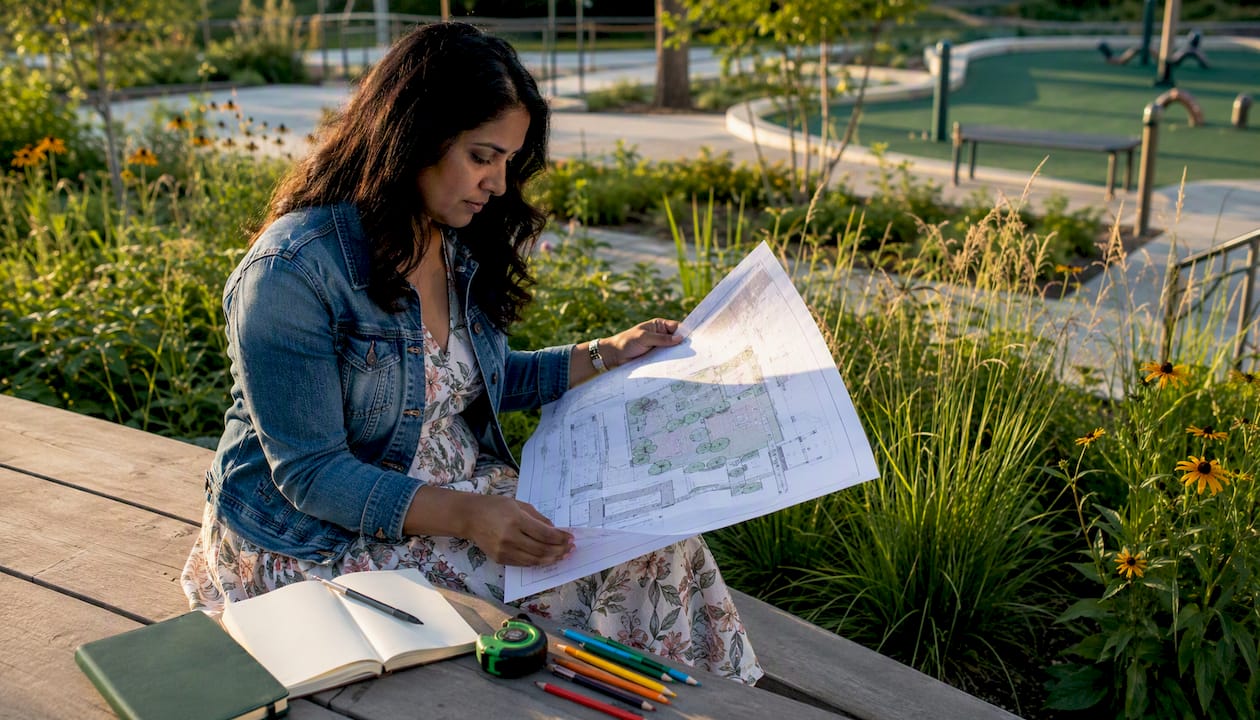 Woman reviewing homeowner landscaping plans outdoors