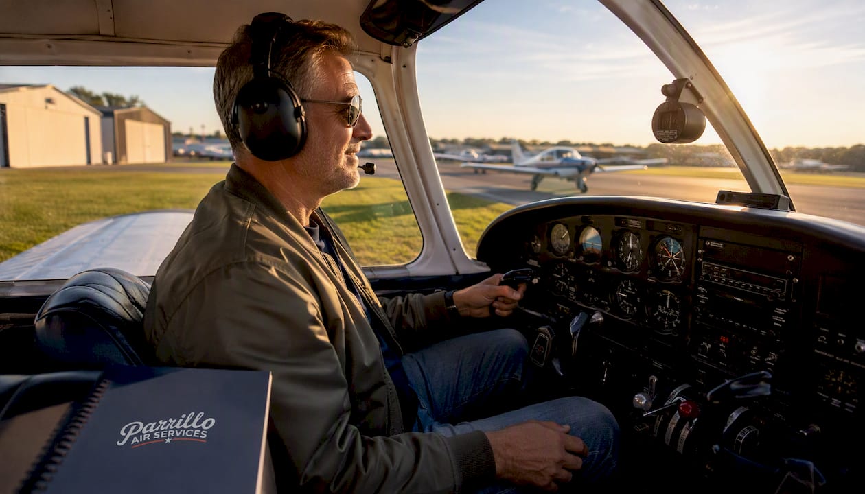 Adult pilot preparing for training flight in cockpit