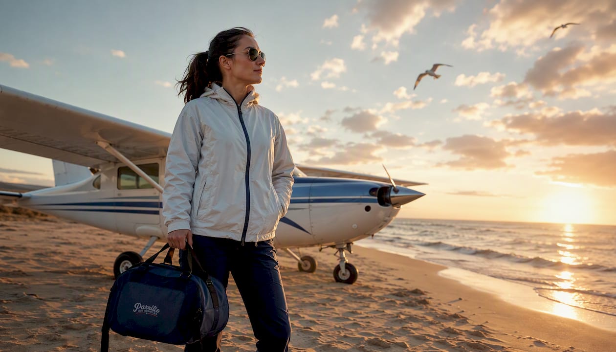 Adult pilot standing beside small plane outdoors