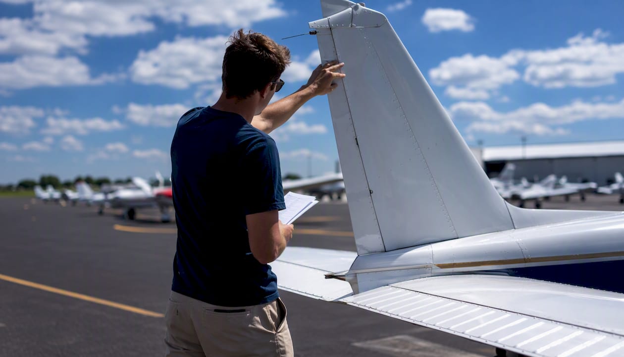 Student pilot checking aircraft wing before solo flight