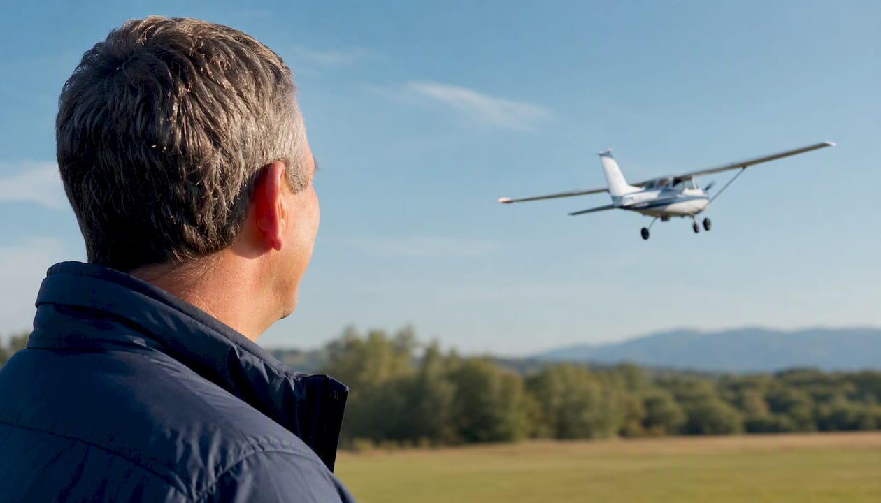Flight instructor observing student pilot flying landing pattern