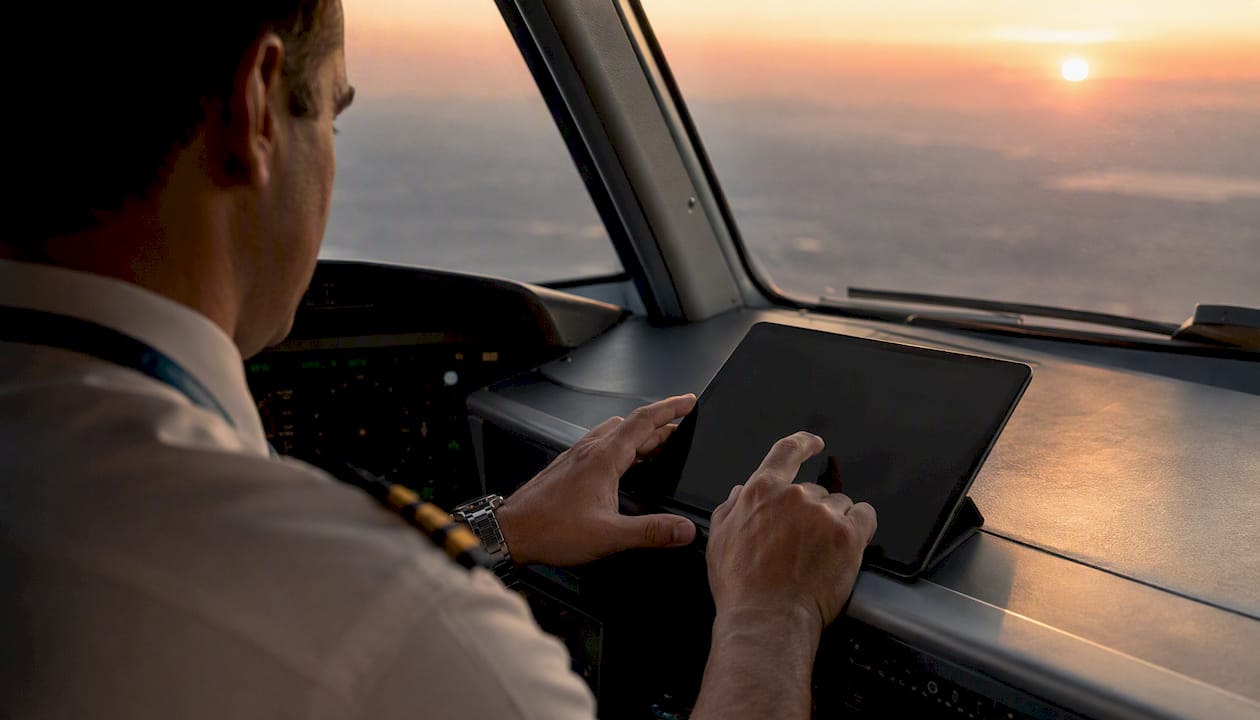 Pilot interacting with tablet cockpit environment