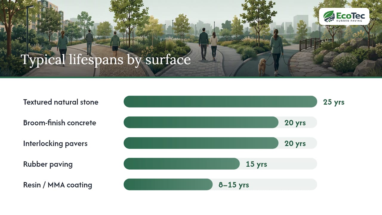 Comparison of walkway surface types by lifespan and maintenance
