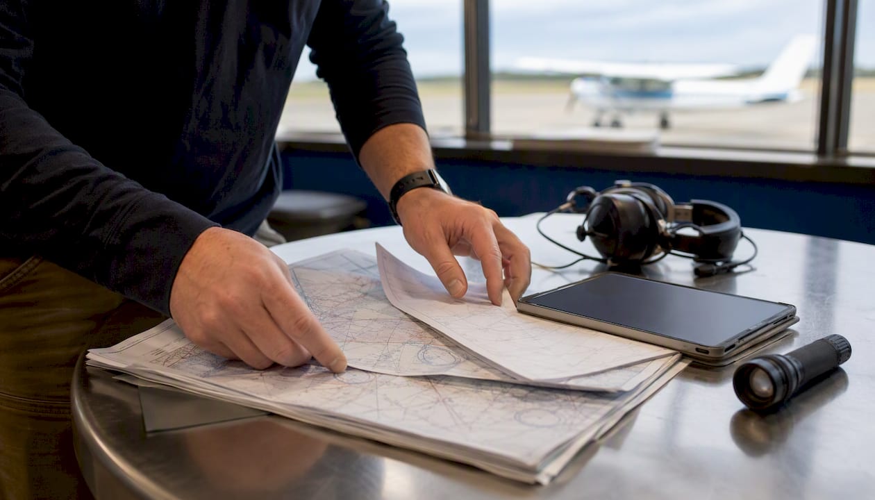 Pilot preparing IFR flight paperwork and tablet