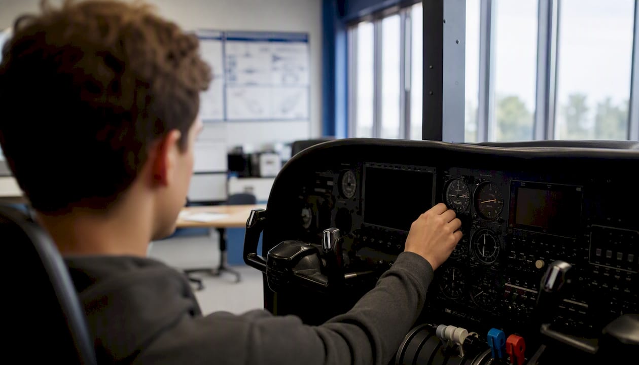 Pilot trainee adjusting flight simulator controls