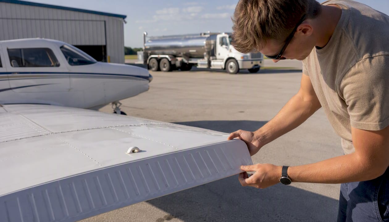 Pilot doing pre-flight wing inspection