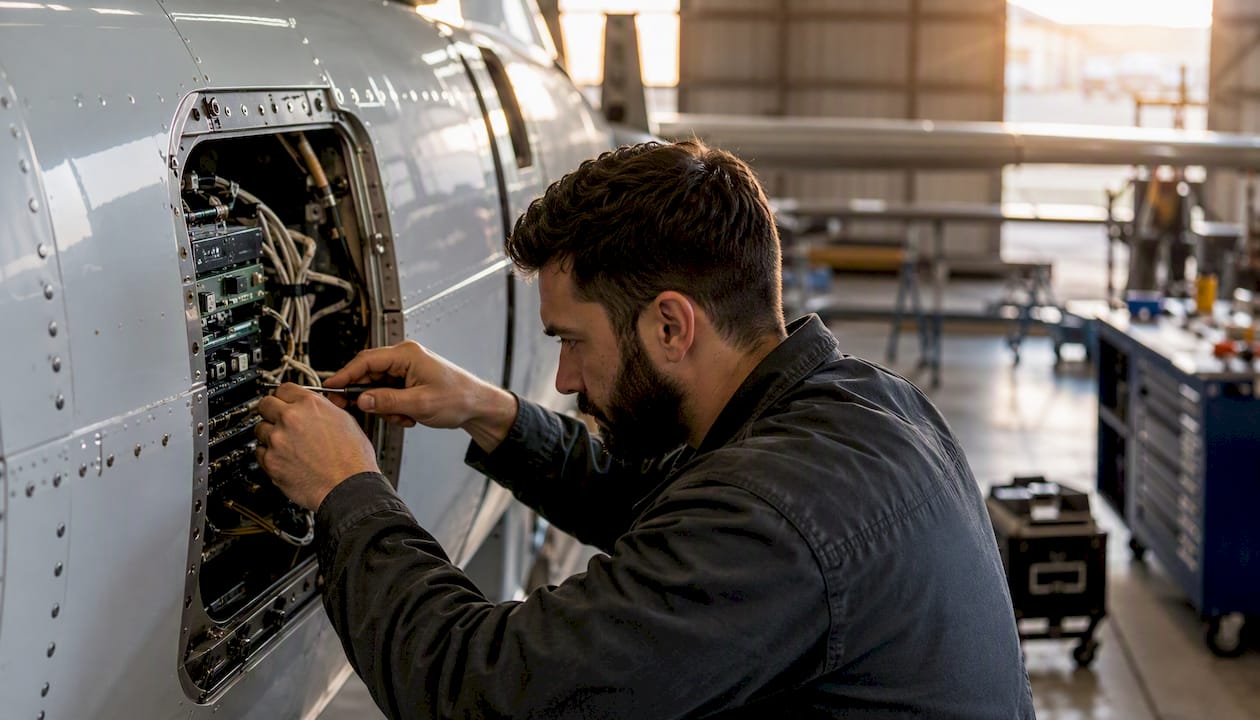 Technician servicing plane avionics panel