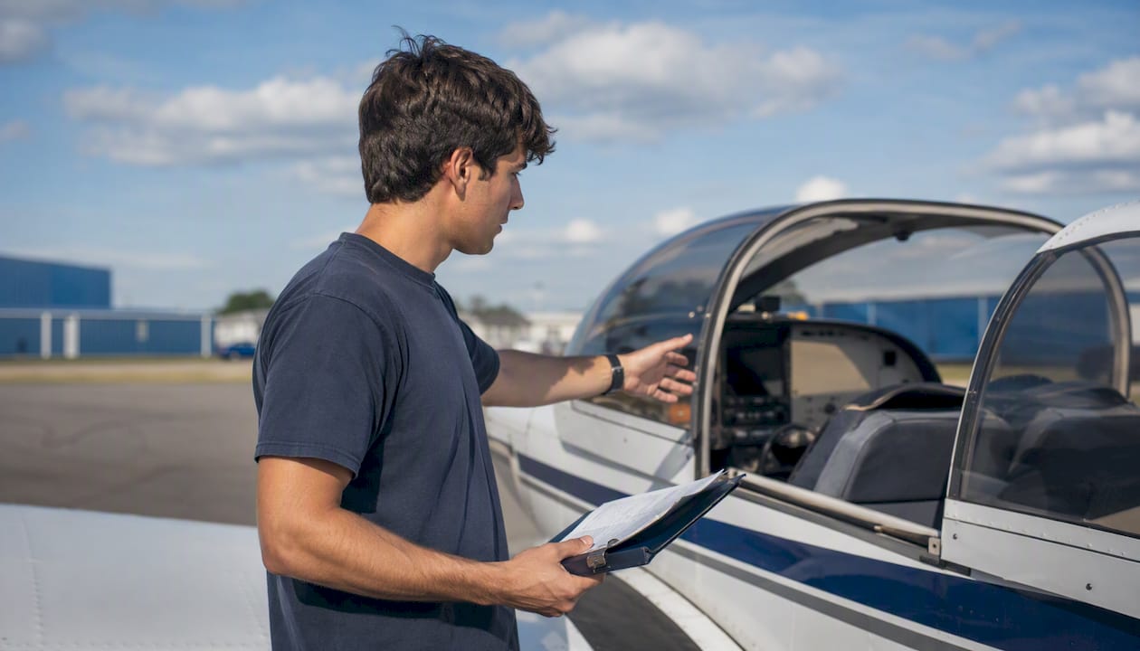 Student pilot performing pre-checkride checklist at aircraft