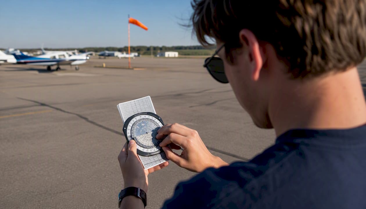 Student pilot with E6B flight computer at runway