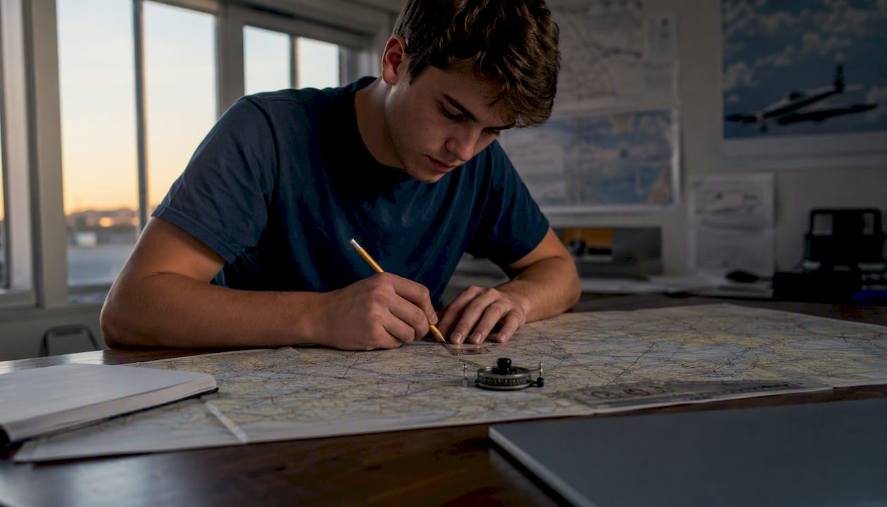Student pilot plotting flight route on sectional chart