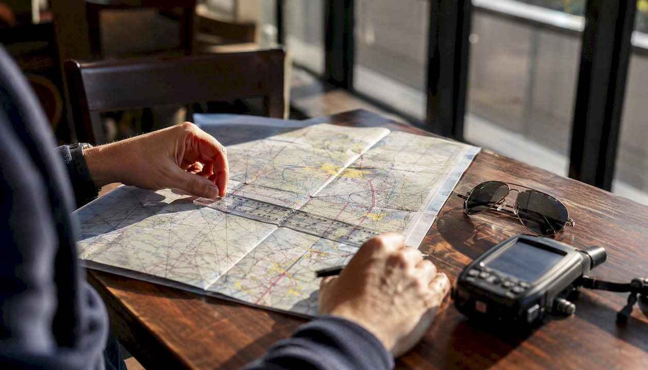 Flight planning tools on table for pilot review