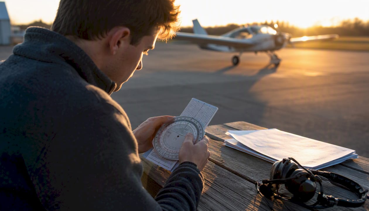Student pilot using flight computer for preflight decision