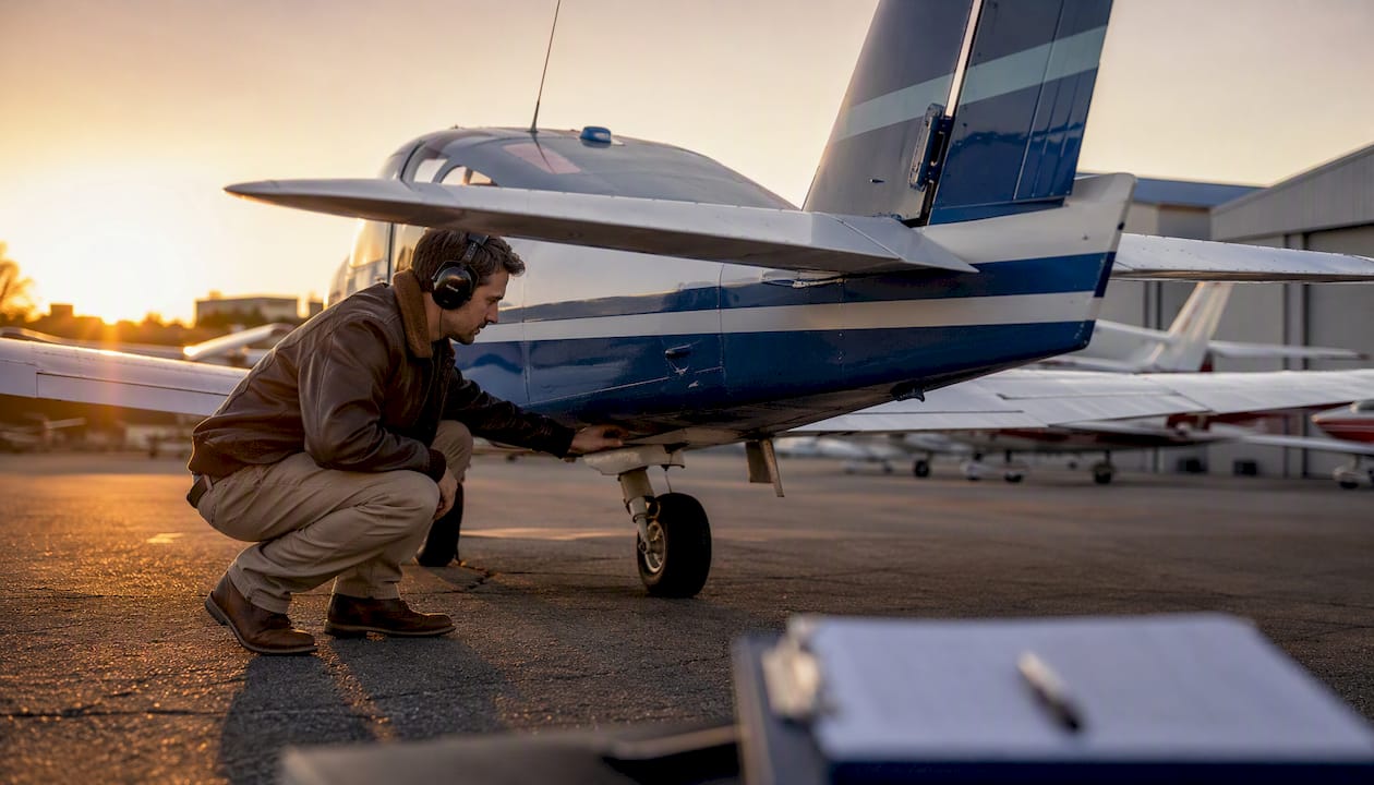 Adult pilot doing pre-flight inspection