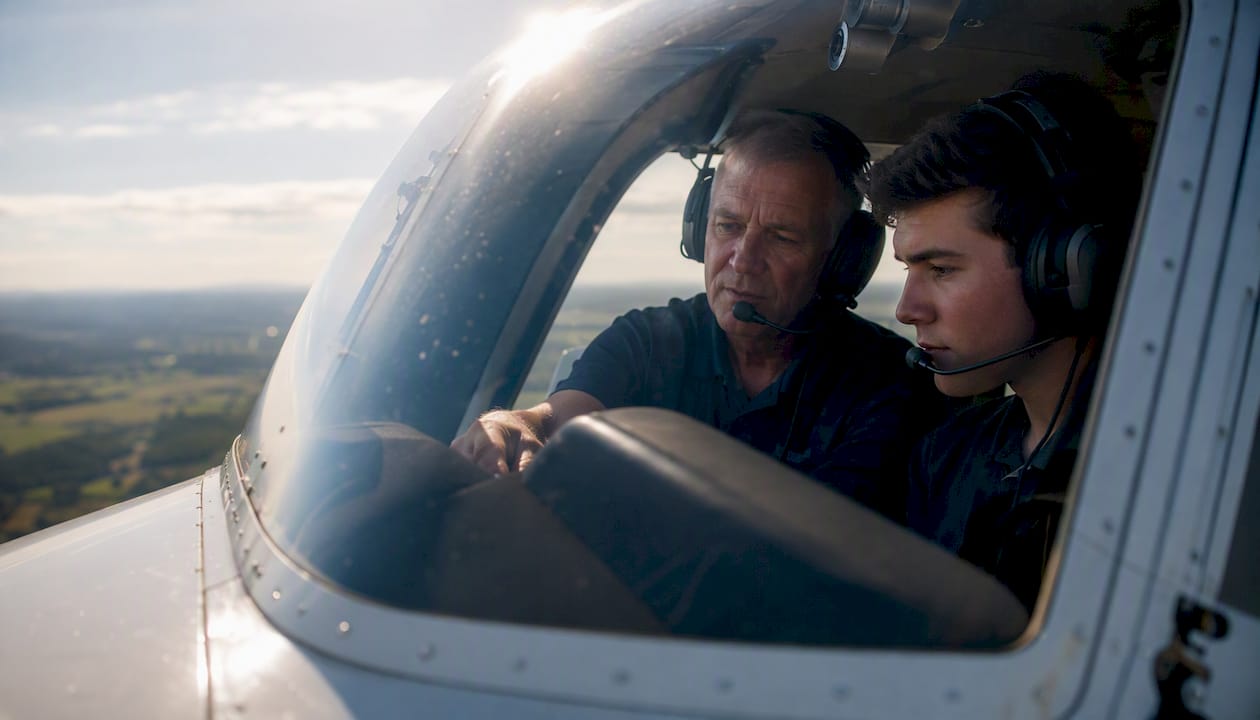 Flight instructor and student mid-flight training