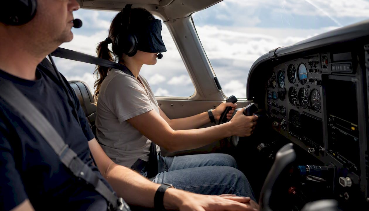 Pilot wearing view-limiting hood flying with safety pilot