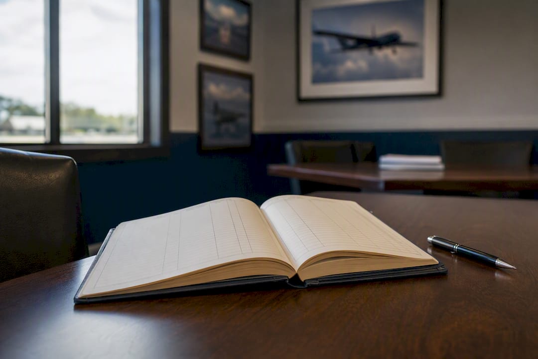 Pilot logbook open on cockpit panel