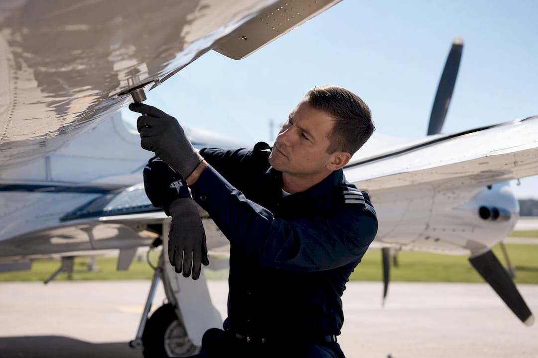Pilot inspecting twin-engine aircraft controls