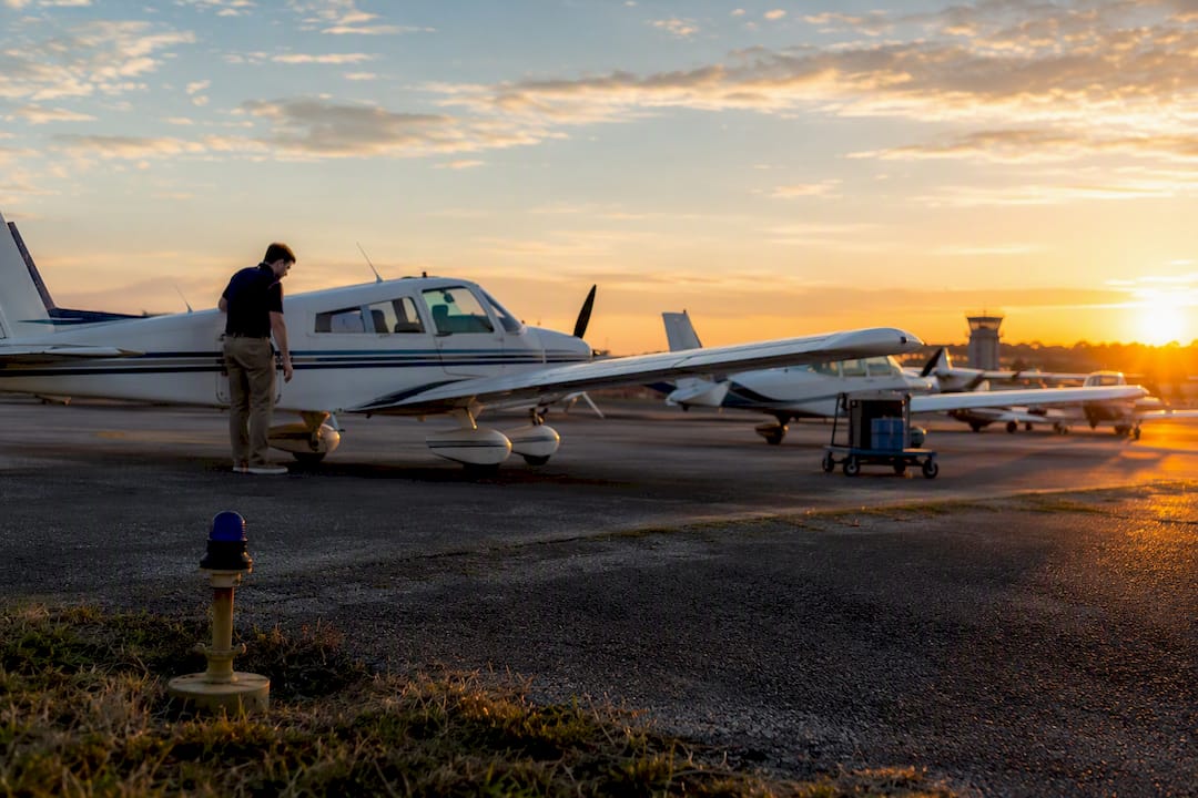 Regional airport ramp with training aircraft
