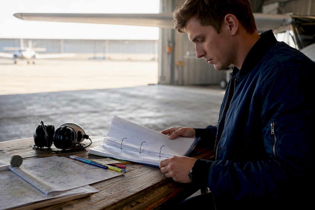 Student pilot organizing insurance documents on desk