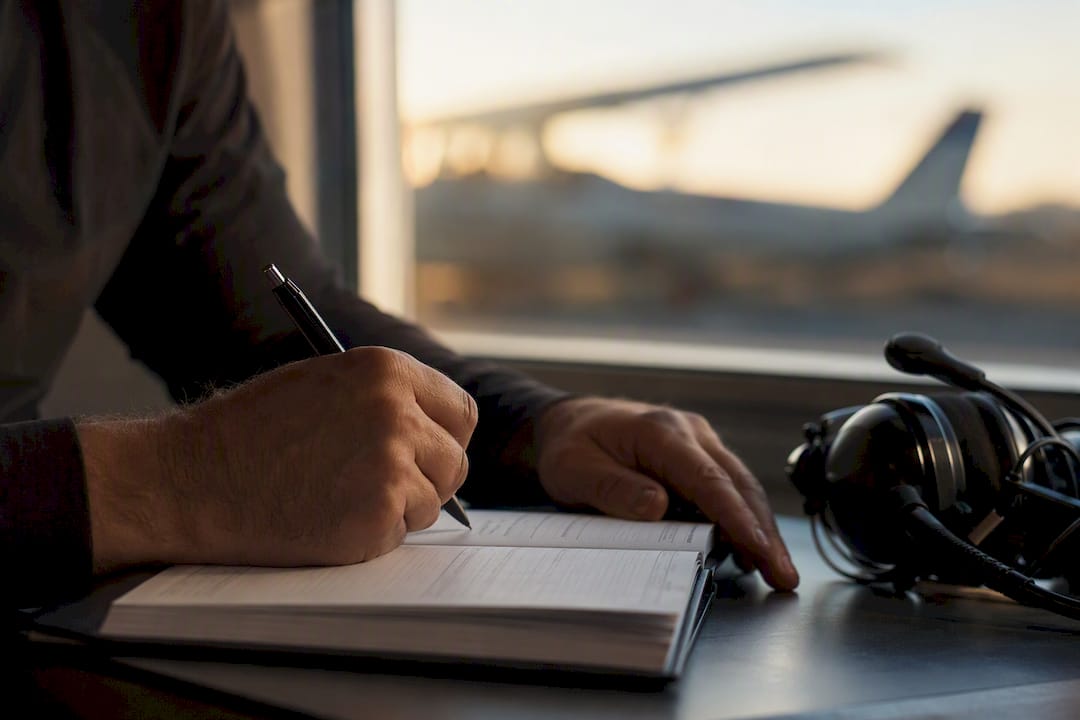 Pilot updating flight training logbook