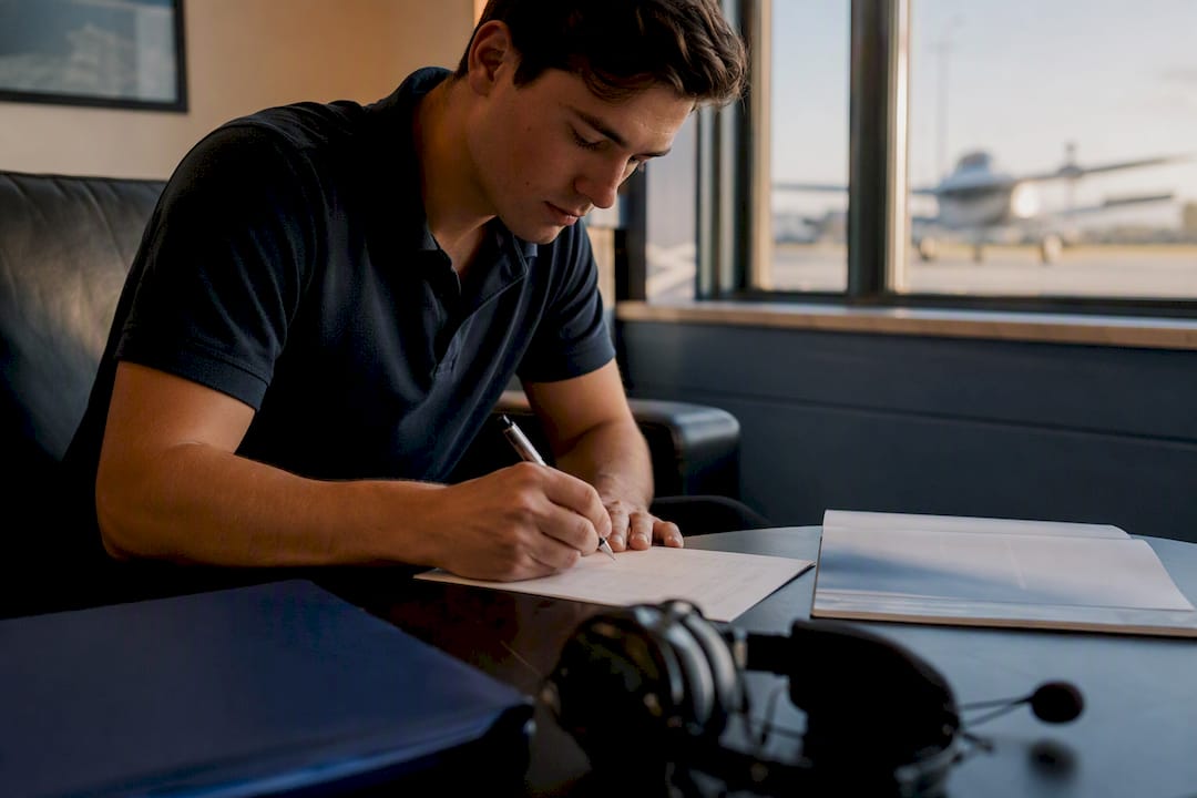 Pilot trainee filling out flight training loan forms